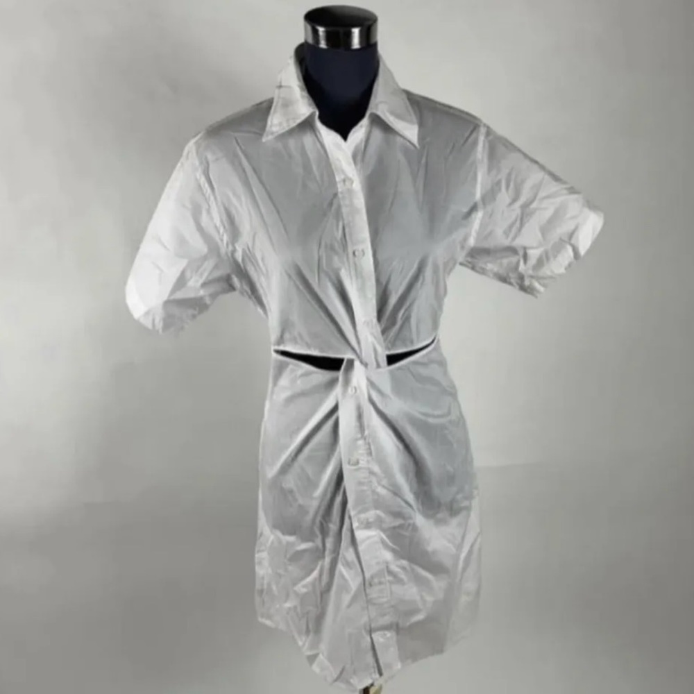 Collared Cutout White Twisted Front Midi Shirt Blouse Dress